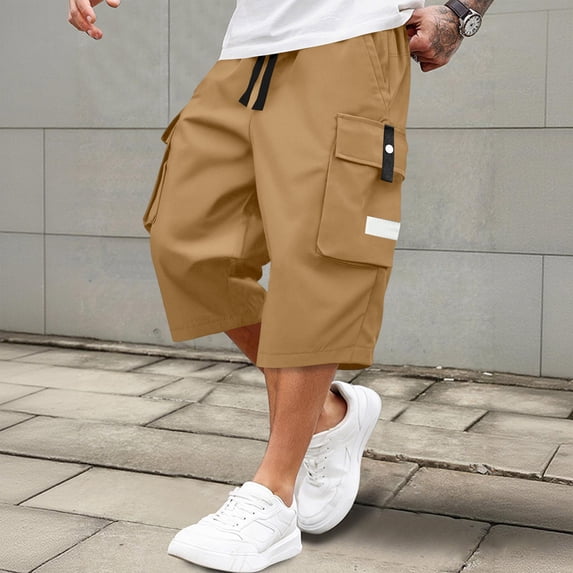 Men's Cargo Shorts Below Knee Lightweight Drawstring Waist Long Shorts Work Pants Multi Pockets Khaki M