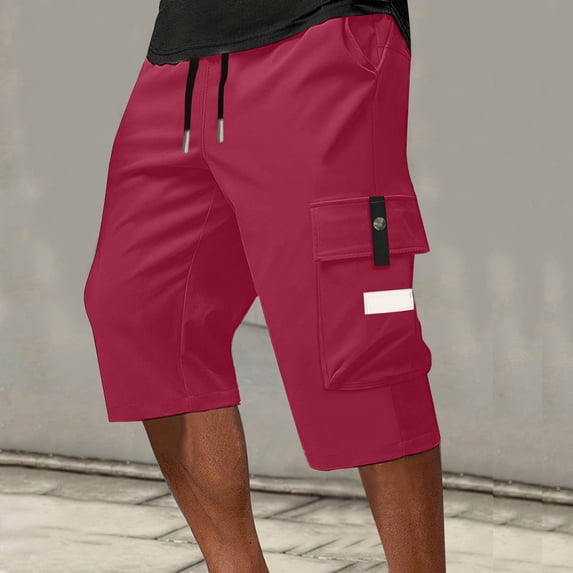 Men's Cargo Shorts Below Knee Lightweight Drawstring Waist Long Shorts Work Pants Multi Pockets Wine 2XL