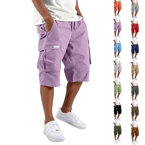 Men's Cargo Shorts Casual Cotton Drawstring Elastic Waist Lightweight Hiking Bottoms Breathable Multi-Pocket Work Pants, #01 Purple, M