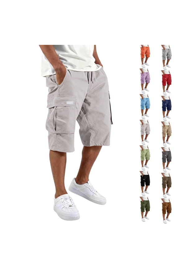 Men's Cargo Shorts Casual Cotton Drawstring Elastic Waist Lightweight Hiking Bottoms Breathable Multi-Pocket Work Pants, #01 White, M