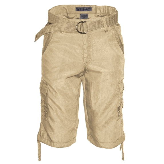 Mens Cotton Cargo Shorts Multiple Pockets Belt Casual Fit, Khaki, 34