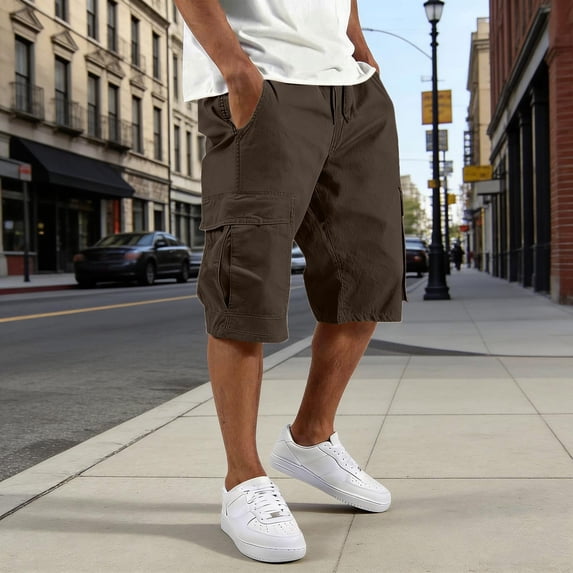 Men's Cargo Shorts Casual Solid Color Pants Multi-Pockets Drawstring Loose Straight-Leg Workwear Shorts Outdoor Fitness Running Short Pants