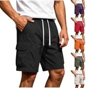 Men's Cargo Shorts Casual Summer Loose Fit Bermuda Shorts Elastic Waist Drawstring Pants with Snap Pockets Big and Tall Size M-5XL White