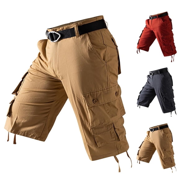 Men's Cargo Shorts Casual Trousers Elastic Waist Drawstring Straight Leg Quick Dry Lightweight Breathable Zipper Pockets Workout Hiking Summer | AKLJWH,Red 36