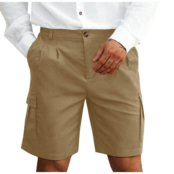Men's Cargo Shorts Dress Classic Fit Solid Color Breath Lightweigh Waist Large Pockets Casual Sportswear Pants Khaki