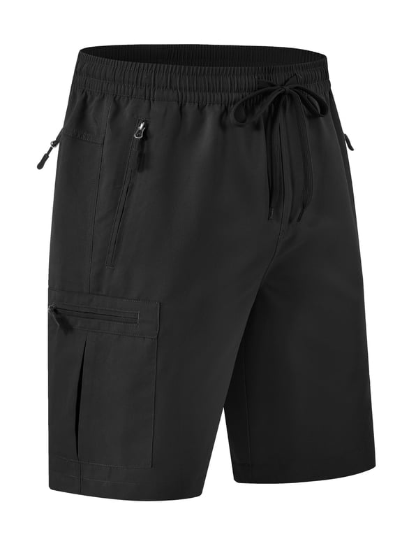 Men's Cargo Shorts Elastic Waist Drawstring Casual Summer Beach Shorts with Zipper Pockets Black 36W