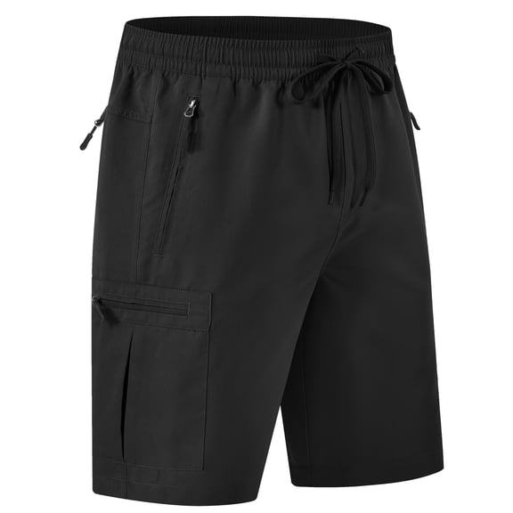 Men's Cargo Shorts Elastic Waist Drawstring Casual Summer Beach Shorts with Zipper Pockets Black 38W