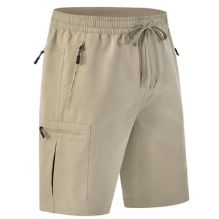 Men's Cargo Shorts Elastic Waist Drawstring Casual Summer Beach Shorts with Zipper Pockets Khaki 36W