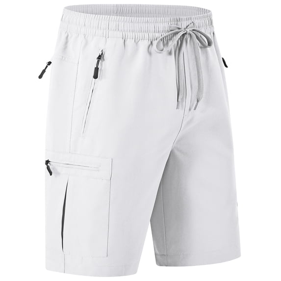 Men's Cargo Shorts Elastic Waist Drawstring Casual Summer Beach Shorts with Zipper Pockets White 38W