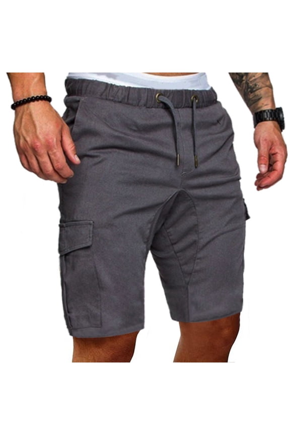 Men's Cargo Shorts Elastic Waist Relaxed Fit Casual Solid Color Outdoor Lightweight Work Shorts with Multi-Pockets