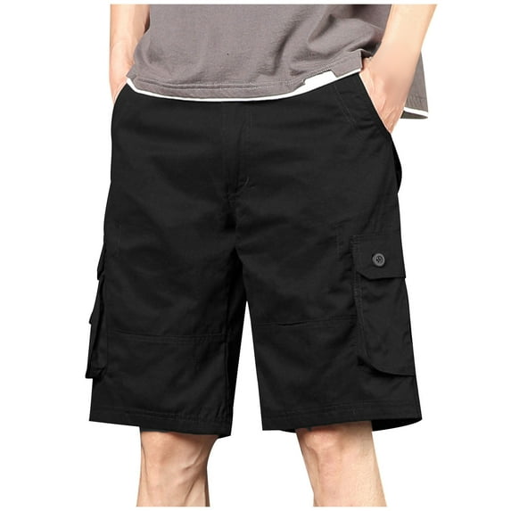 Men's Cargo Shorts Elastic Waist with Buttons Zipper, Solid Color Knee Length Cargo Shorts Summer Work Short with Multi Pockets(Size S-4XL)