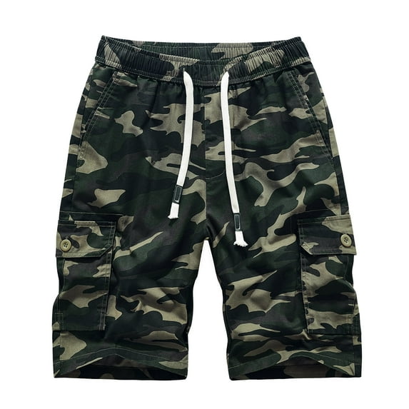 Men's Cargo Shorts Elastic Waistband Drawstring Summer Casual Cotton Big & Tall Relaxed Fit Work Shorts Camouflage M