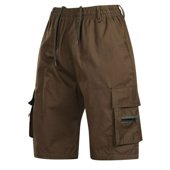 Men's Cargo Shorts with Elastic Waistband, Loose Fit, Short Cotton Cargo Shorts with Pocket, Technical Cargo Shorts for Outdoor, Work, and Running (Brown, L)