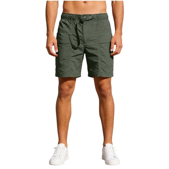Men's Cargo Shorts Hiking Short Pants with Built-in Webbing Belt, Knee Length Regular Fit Multi-Pocket Quick Dry Lightweight Outdoor Travel Utility Shorts Elastic Waist