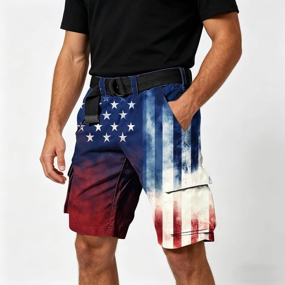 Men's Cargo Shorts Patriotic USA Flag Print Casual Summer Multi-Pockets Button Fly Lightweight Bottoms for Hiking Outdoor Golf Multi-Pocket Shorts