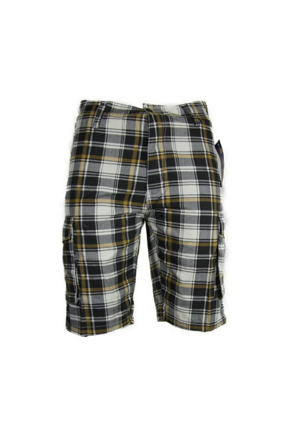 Men's Cargo Shorts Plaid Checkered Lightweight Multi Pocket Casual Button Shorts, Black, 28