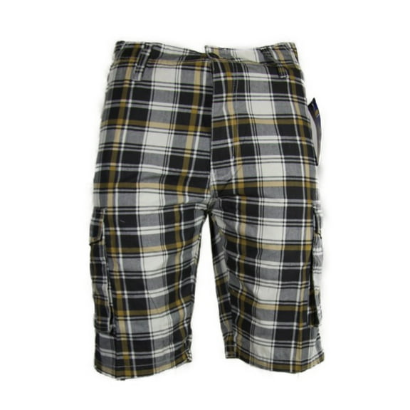 Men's Cargo Shorts Plaid Checkered Lightweight Multi Pocket Casual Button Shorts, Black, 30