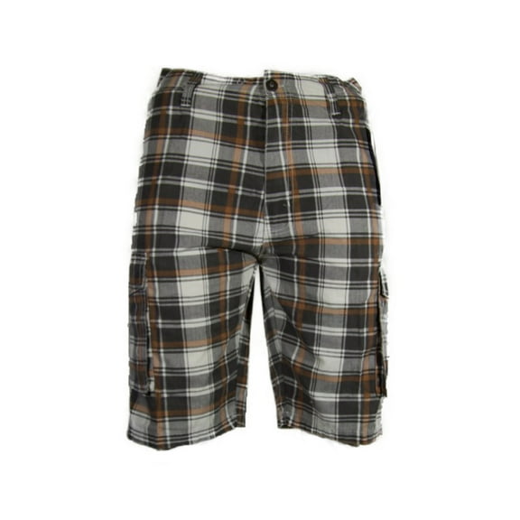 Men's Cargo Shorts Plaid Checkered Lightweight Multi Pocket Casual Button Shorts, Grey, 30