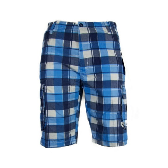 Men's Cargo Shorts Plaid Checkered Multi Pocket Casual Lightweight Button Shorts, Blue, 28