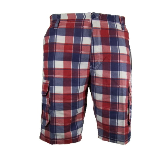 Men's Cargo Shorts Plaid Checkered Multi Pocket Casual Lightweight Button Shorts, Red, 38