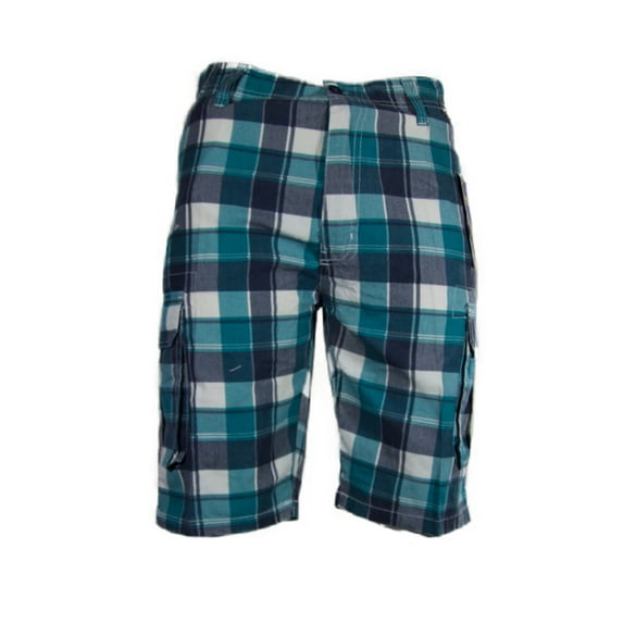 Men's Cargo Shorts Plaid Checkered Multi Pocket Casual Lightweight Button Shorts, Teal, 32