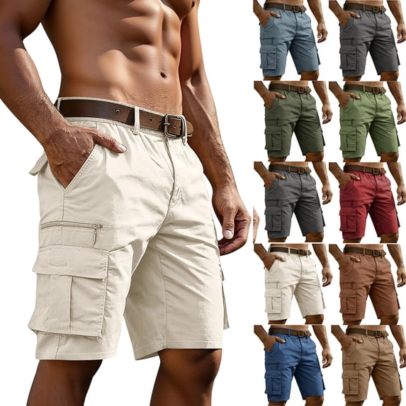 Men's Cargo Shorts Quick Dry Lightweight Knee Length Bermuda Shorts with Pockets Elastic Waist Work Hiking Short White S