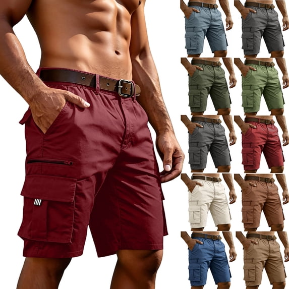 Men's Cargo Shorts Quick Dry Lightweight Knee Length Bermuda Shorts with Pockets Elastic Waist Work Hiking Short Wine S