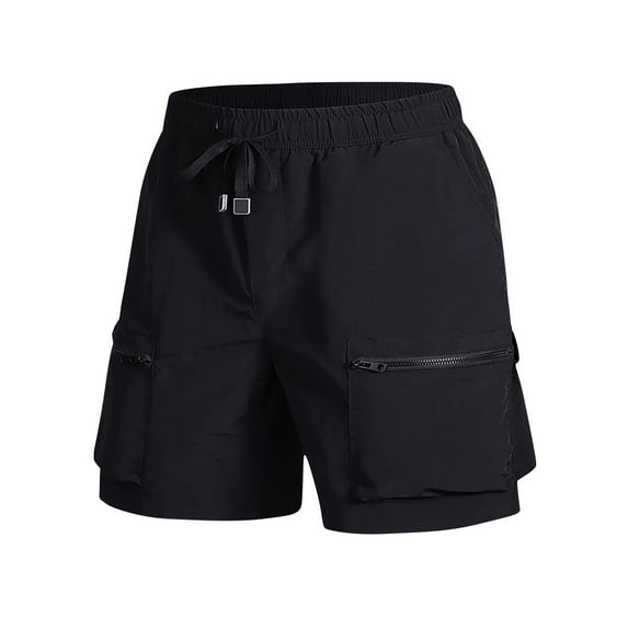 ZQUUVOU Men's Cargo Shorts Solid Color Portable Zipper Pockets Drawstring Elastic Waist Pant Black