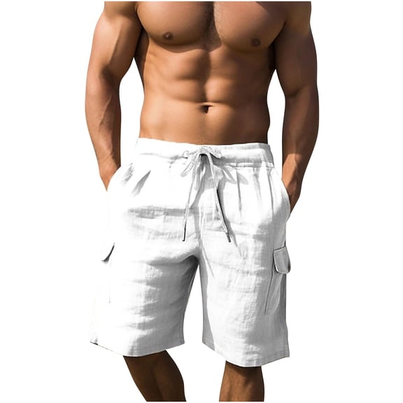 Men's Cargo Shorts Summer Solid Color Workwear Casual Shorts With Multiple Pockets Drawstring Beach Shorts White