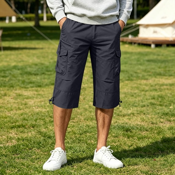 Men's Cargo Shorts Tactical Below The Knee Long Shorts Elastic Waist Multi Pocket Casual Hiking Shorts, M