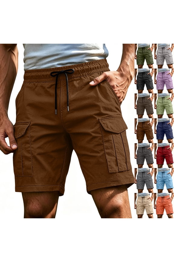 Men's Cargo Shorts with Multi Pockets Above Knee Length Bermuda Shorts Relaxed Fit Elastic Waist Hiking Work （Coffee,S)
