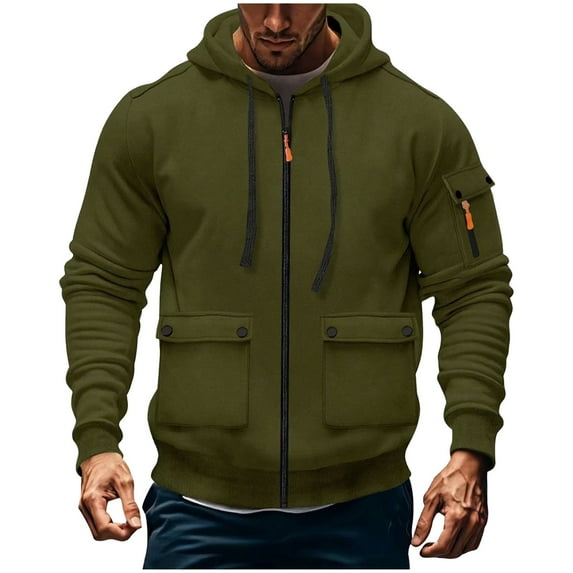 Men's Cargo Solid Color Multiple Pockets Sports Ditness Training Long Sleeved Hooded Casual