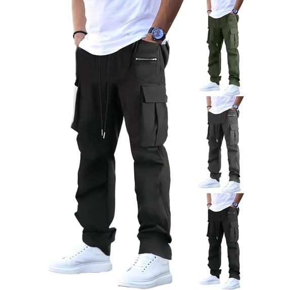 Men's Cargo Straight Leg Pants, Loose Solid Elastic Drawstring Waist Casual Outdoor Athletic Trousers with Multi-Pocket Dark Gray M