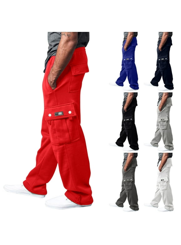 Men's Cargo Sweatpants Casual Fleece Joggers Loose Fit Open Bottom Athletic Pants for Men with Pockets Black L