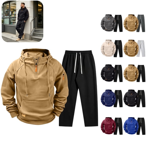 Men's Cargo Sweatsuit 2 Piece Set Quarter Zip Hoodie and Sweatpants Set Joggers Outfit 2026 fall winter Fashion Causal Athletic Tracksuits with Pockets Earthy Yellow 2XL