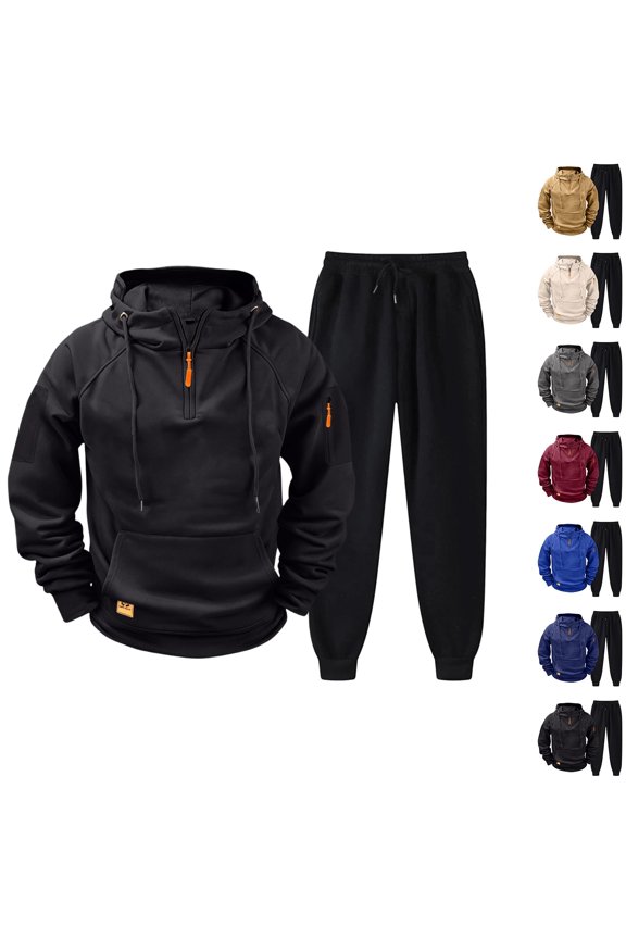 Men's Cargo Sweatsuit 2 Piece Set Quarter Zip Hoodie and Sweatpants Set Joggers Outfit Causal Sport Tracksuits Black M