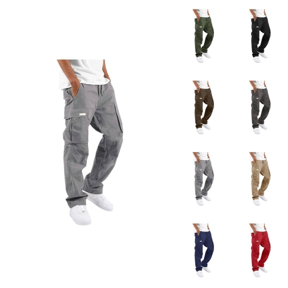 Men's Cargo Trousers, Elastic Waist Drawstring, Relaxed Fit, Straight Leg, Street Leisure Sports, Pockets, Woven, Patchwork Ribbon