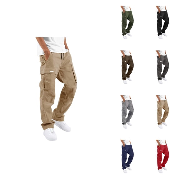 Men's Cargo Trousers, Elastic Waist Drawstring, Relaxed Fit, Straight Leg, Street Leisure Sports, Pockets, Woven, Patchwork Ribbon