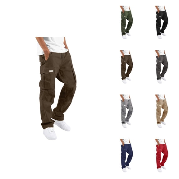 Men's Cargo Trousers, Elastic Waist Drawstring, Relaxed Fit, Straight Leg, Street Leisure Sports, Pockets, Woven, Patchwork Ribbon