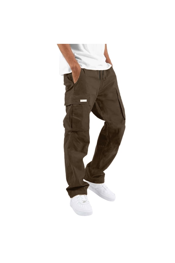 Men's Cargo Trousers, Street Leisure Pants, Multiple Pockets Patchwork Ribbon, Woven Fabric Utility Style