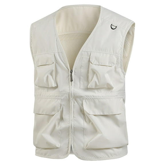 Men's Cargo Waisted Casual Fashion Solid Color Sleeveless V-Neck Zip Waistcoat for Fishing Outdoor Work White 4XL