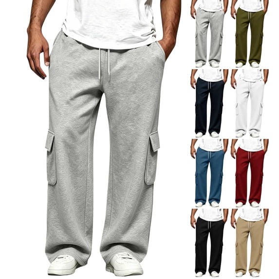Men's Cargo Wide Leg Sweatpants Drawstring Elastic Waist Multi Pockets Straight Pants, Loose Drape Casual Trousers for Daily Loungewear and Walking