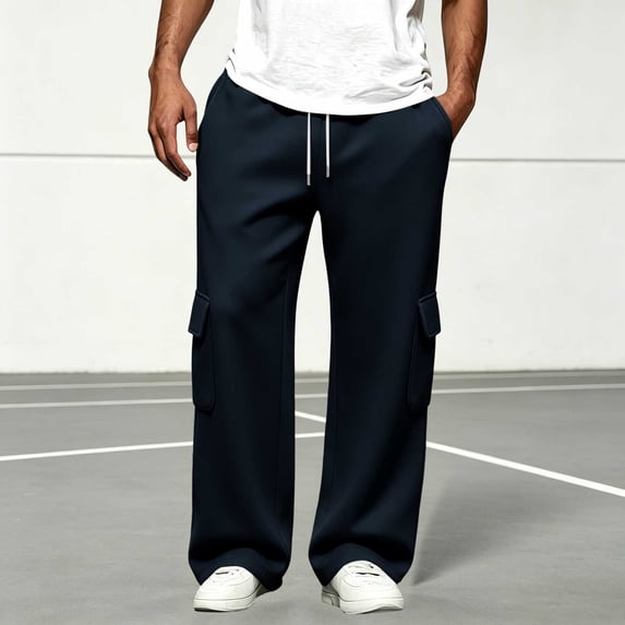 Men's Cargo Wide Leg Sweatpants with Pockets Classic Drawstring Waist Loose Straight Trousers, Soft Knit Casual Daily Sports Pants Dark Blue S