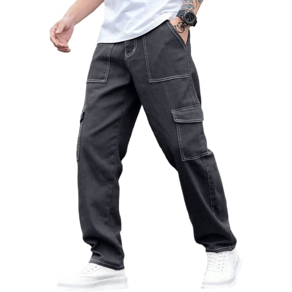 Men's Cargo Work Pants Durable Ripstop Twill Woven Cargo Pants Contrast Stitch Multi Pocket Loose Straight Leg Work Trousers Casual Outdoor Tactical Pants For Walking Skateboarding