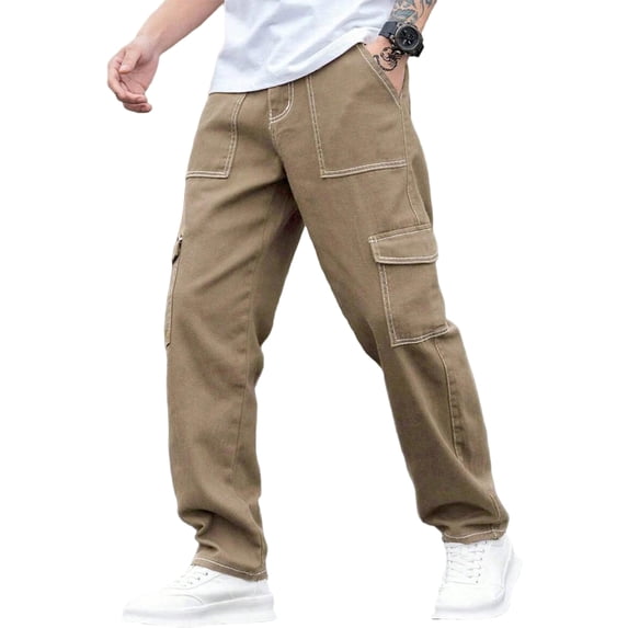 Men's Cargo Work Pants Durable Ripstop Twill Woven Cargo Pants Contrast Stitch Multi Pocket Loose Straight Leg Work Trousers Casual Outdoor Tactical Pants For Walking Skateboarding