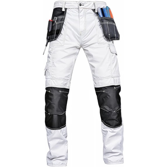 Men’s Cargo Work Pants – Heavy Duty Safety Trousers with Reinforced Knees and Utility Tool Pockets White