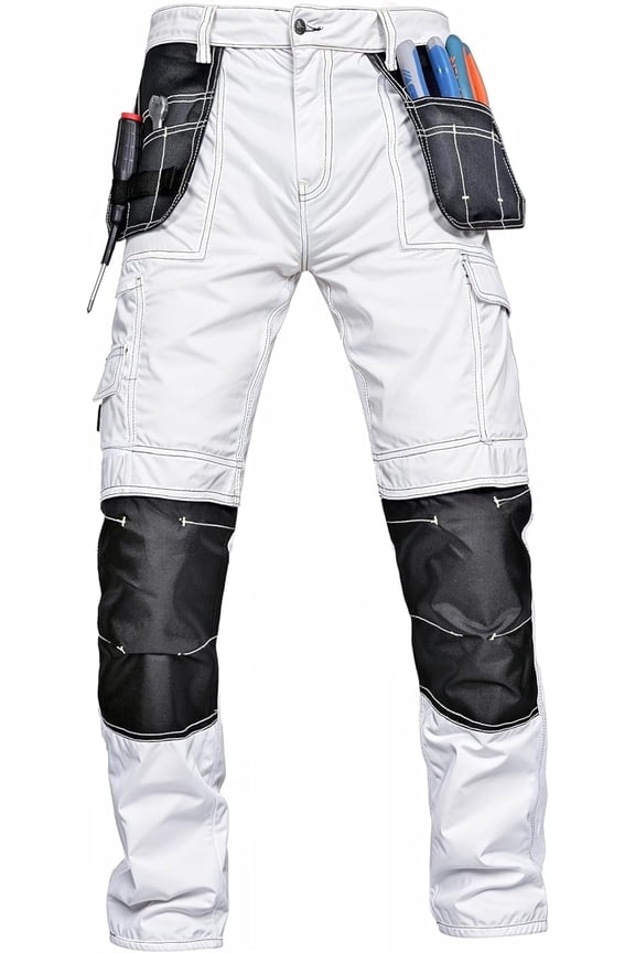 Men’s Cargo Work Pants – Heavy Duty Safety Trousers with Reinforced Knees and Utility Tool Pockets White