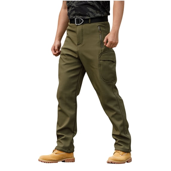 Men's Cargo Work Pants Snow Waterproof Quick Dry Softshell Winter Fleece Lined Insulated Outdoor Mountain with Zipper Pockets Size 3XL Army Green