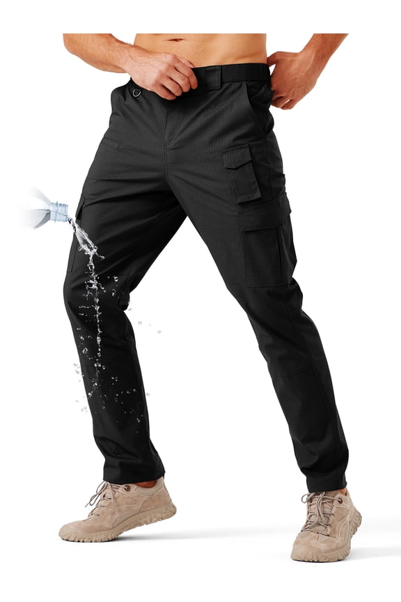 Men's Cargo Work Pants Stretch Lightweight Tactical Pants 31" Water Resistant Hiking Ripstop Pants with Multi Pockets Outdoor Apparel Black 32