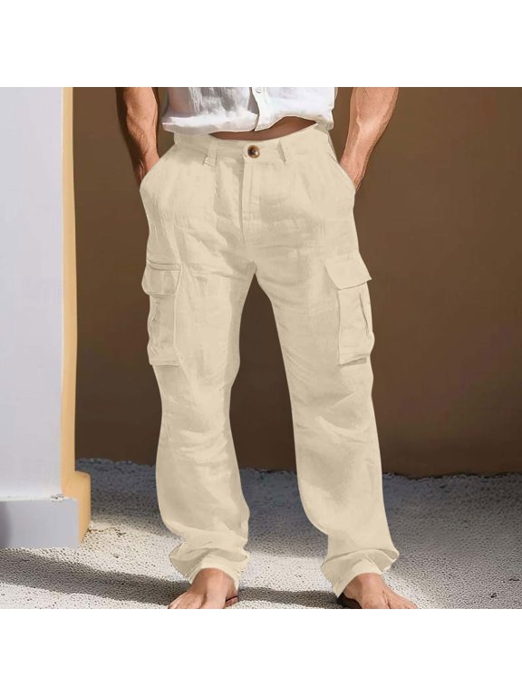 Men's Cargo Linen Pants Elastic Waist Button Down Beach Pants Mens Summer Plus Size Baggy Relaxed Lightweight Straight Leg Travel Pant